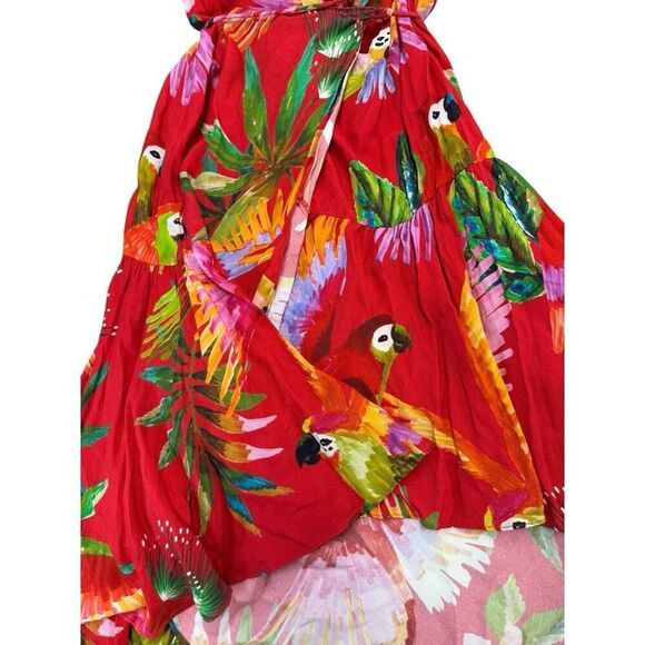 Farm Rio Red Tropical Parrot Wrap Dress XS Asymmetrical Midi Vacation Ready - Picture 6 of 13
